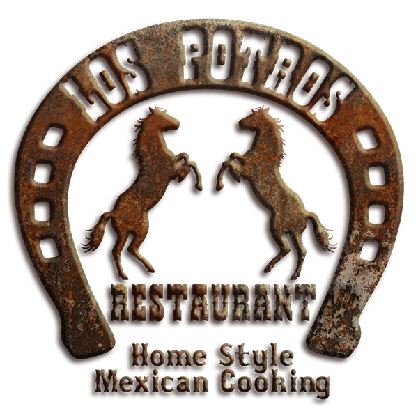 los potros logo, traditional horse shoe with two stallions in the middle
