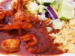 Traditional Mexican Style A la Diabla shrimp with Salad, Rice and Beans